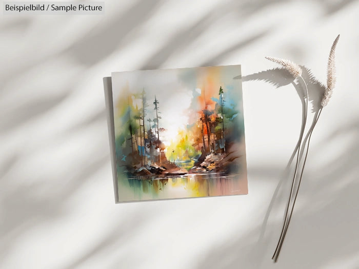 Abstract watercolor landscape painting with trees and reflections, next to dried grass on sun-dappled white background.