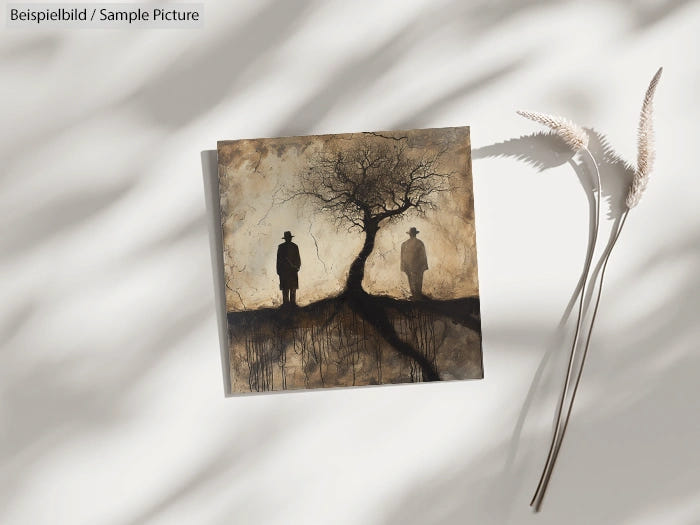 Square painting of two silhouetted figures under a barren tree on a shadowy background.