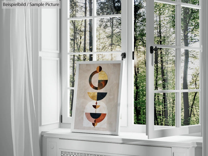 Modern abstract painting resting on a white windowsill with sunlight filtering through trees outside.