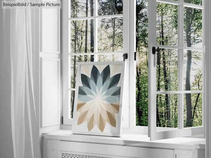 Abstract leaf-pattern artwork on a window sill, framed by open white windows with a forest view.