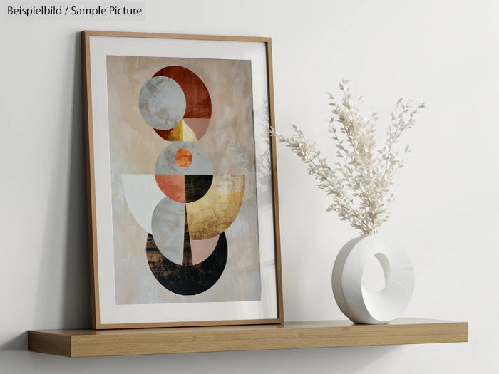 Geometric abstract art in a wooden frame on a shelf beside a vase with dried white flowers.