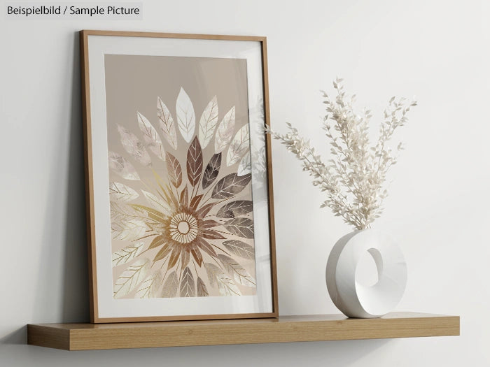 Framed sunflower artwork and white vase on a wooden shelf against a light wall.