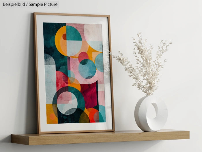 Framed abstract geometric art with circles and ovals in blue, pink, and orange hues on a wooden shelf next to a vase.