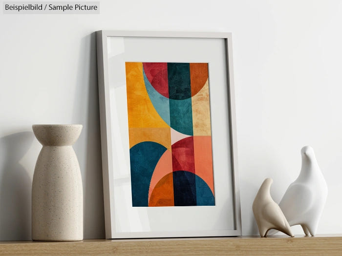 Framed geometric abstract art with colorful shapes on a shelf, next to vases and decorative bird figures.