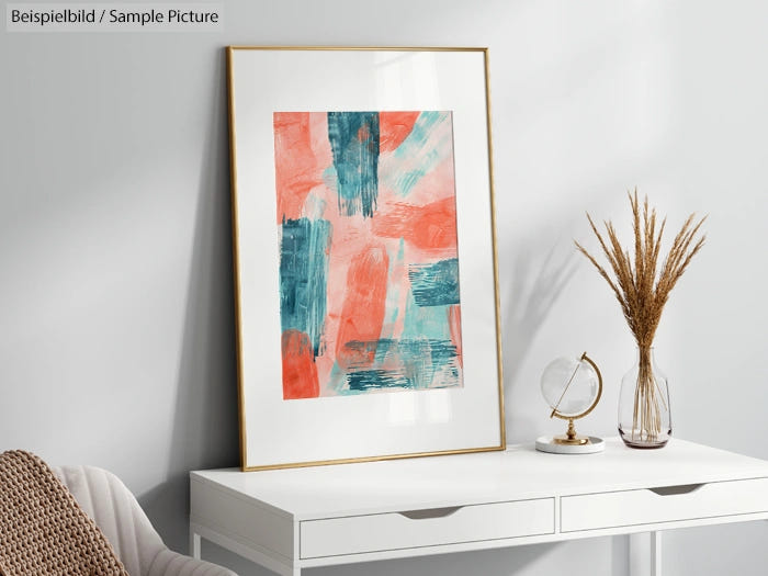 Abstract painting with turquoise and coral brushstrokes in a gold frame, displayed on a white desk with decor.