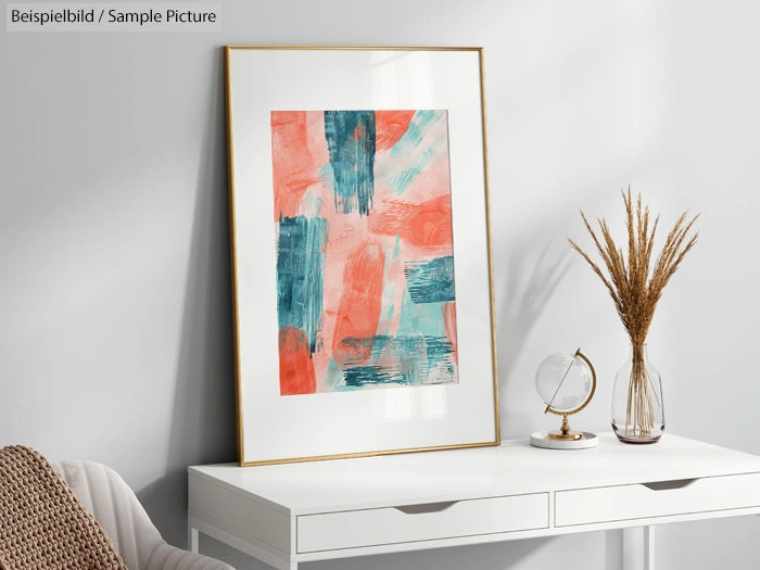 Abstract painting with turquoise and coral brushstrokes in a gold frame, displayed on a white desk with decor.