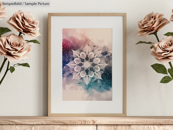 Framed abstract floral artwork with pastel colors, surrounded by pink roses on a shelf.