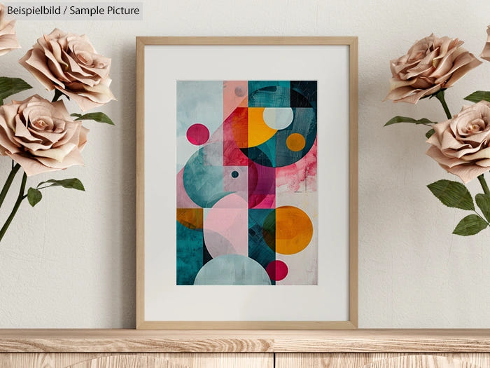 Framed abstract geometric art with circles, squares, and bold colors, set on a wooden cabinet between two roses.