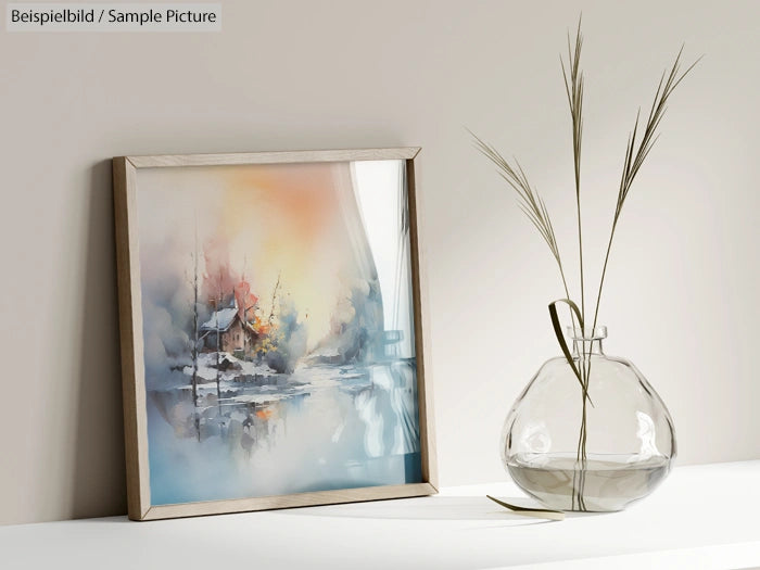 Framed watercolor painting of a snowy cottage beside a lake, with soft autumn colors, placed next to a vase with reeds.