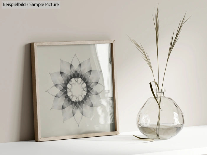 Framed black and white geometric flower art beside a clear vase with tall stems on a light background.