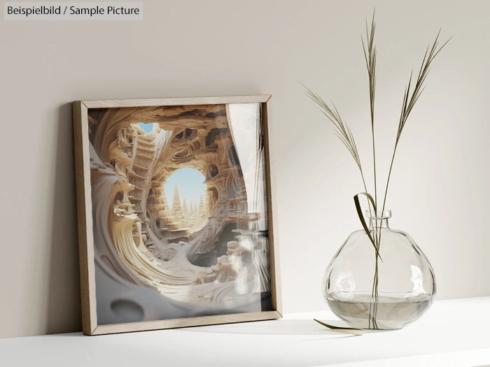 Framed abstract art with swirling patterns on beige wall, beside a vase with dried grass flowers.