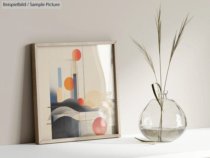 Framed abstract art with geometric shapes beside a glass vase with reed on a white surface.