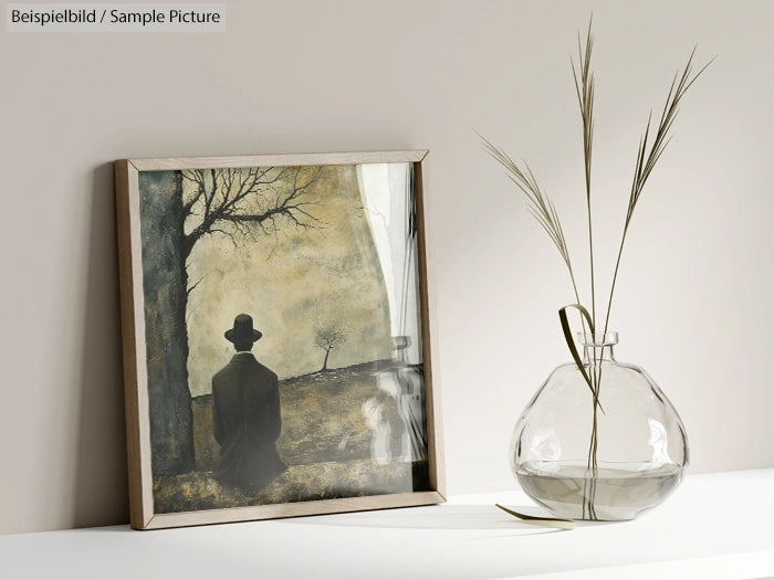 Framed painting of a solitary figure in a hat, next to a glass vase with grass stems, on a minimalist shelf.