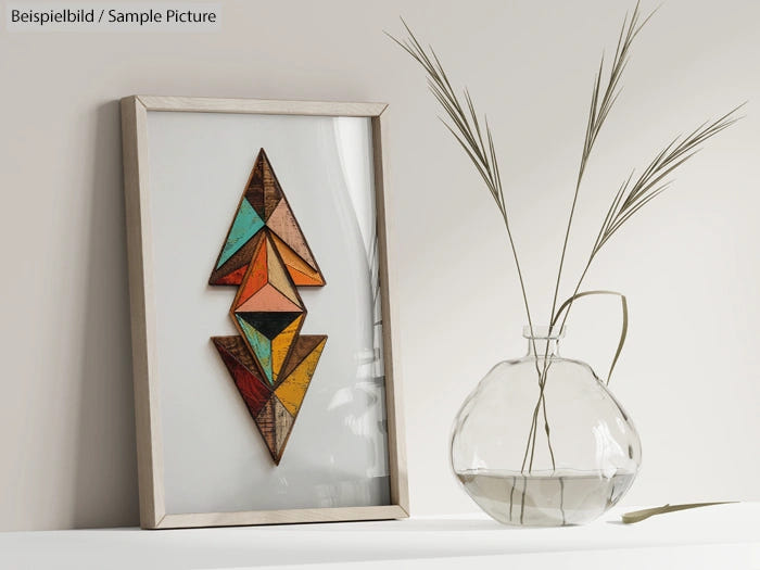 Geometric wall art in a frame beside a clear glass vase with tall grass on a white shelf.