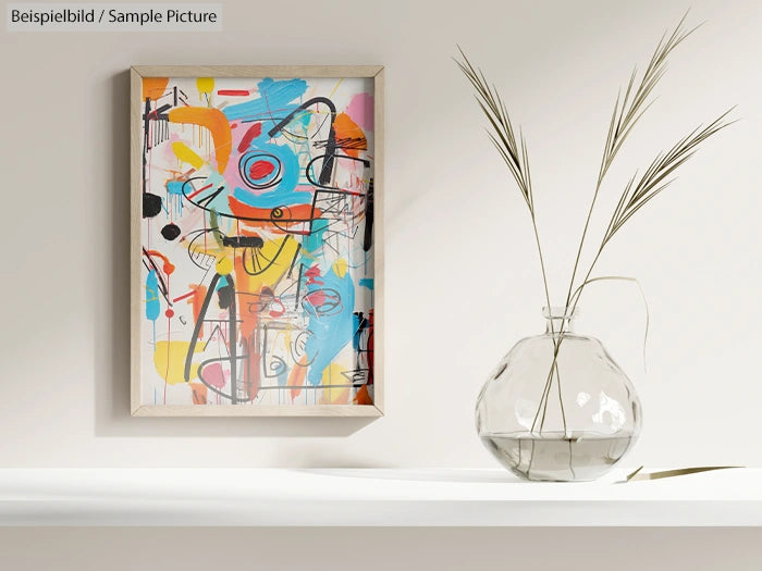 Modern abstract painting with vibrant shapes next to a glass vase with dried branches on a white shelf.