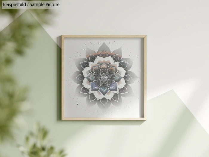 Framed mandala art on pastel green wall with shadow overlay.