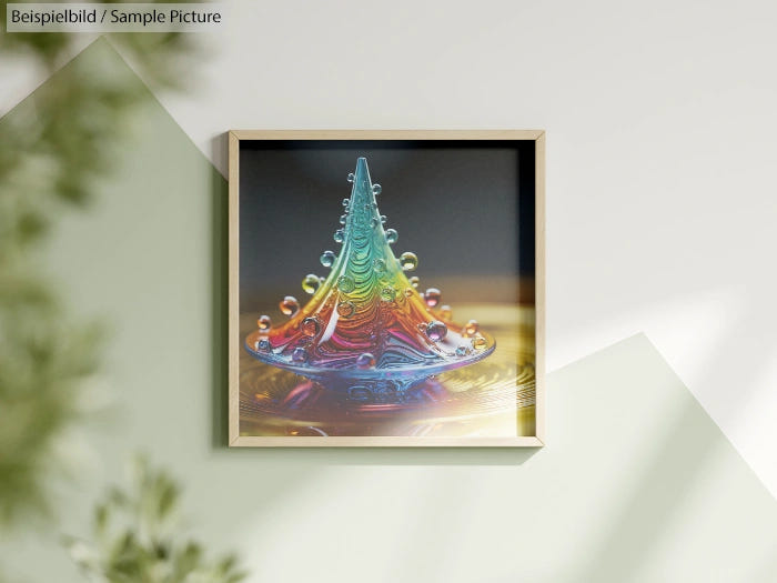 Framed artwork of a colorful liquid splash resembling a Christmas tree, hung on a pastel-colored wall.