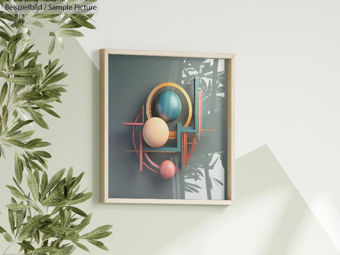 Framed abstract geometric art with colorful spheres and lines, hung on a green wall with leafy branches nearby.