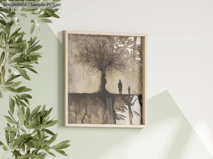 Framed artwork of a tree with human silhouettes, against a muted background, hung on a light green wall with a plant nearby.