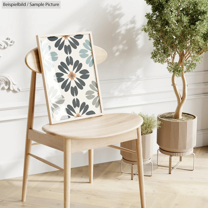 Decorative floral artwork framed, resting on a wooden chair, beside a potted plant in a bright room.