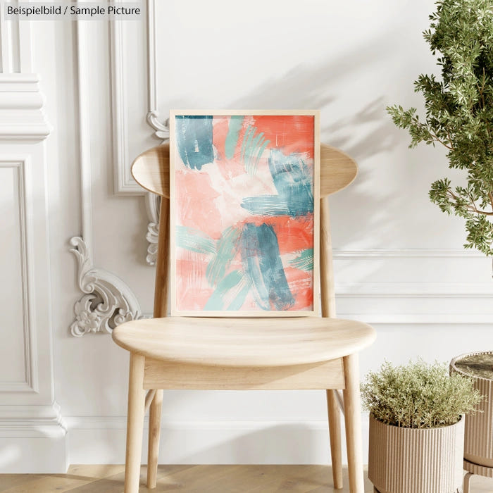 Abstract painting with pink and blue brushstrokes, framed on a wooden chair beside a potted plant in a bright room.