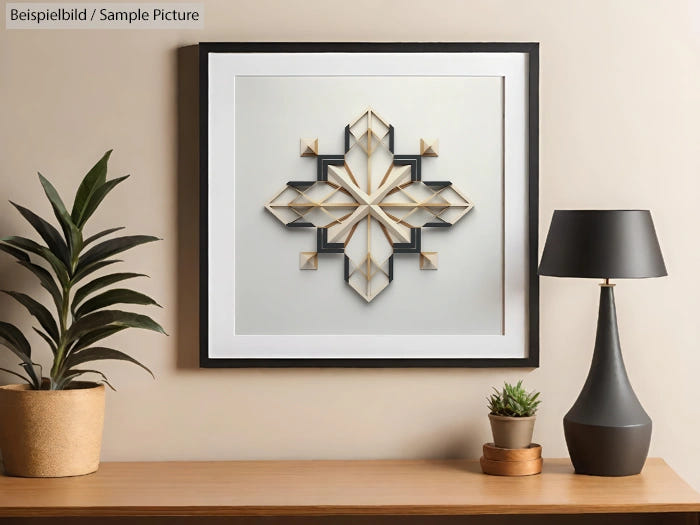 Modern wall art in geometric design above a table with lamp and plants.