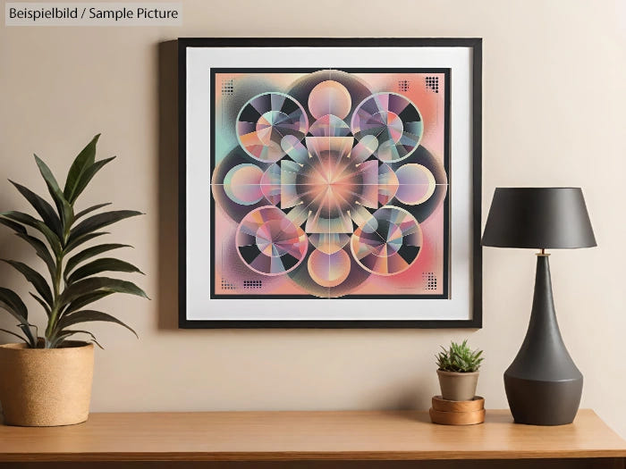 Framed geometric abstract art on wall above wooden shelf with potted plants and black lamp.