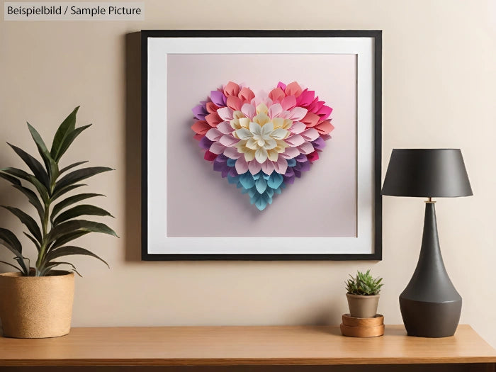 Framed paper flower heart art on wall, next to a lamp and plants on a wooden table.