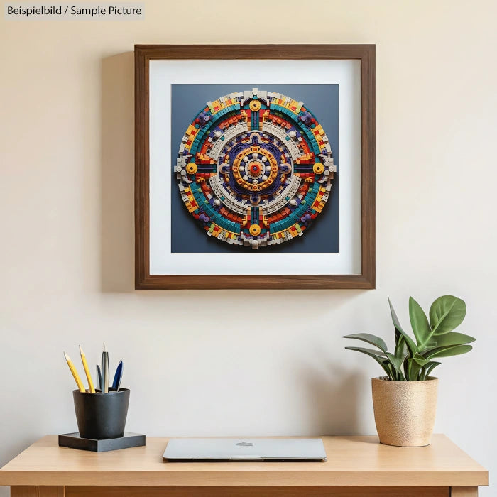 Framed mosaic hanging above a desk with pens, a plant, and a laptop.