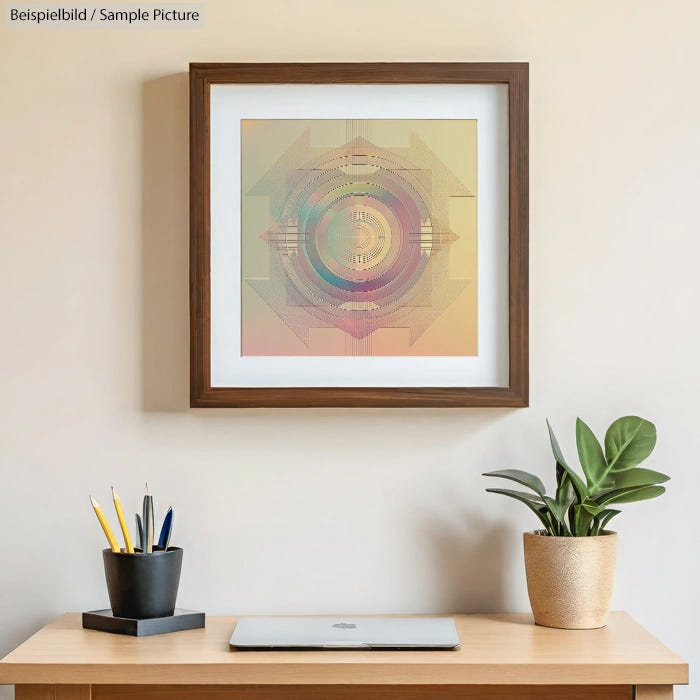 Abstract geometric artwork in a wooden frame above a desk with a potted plant, laptop, and pencil holder.