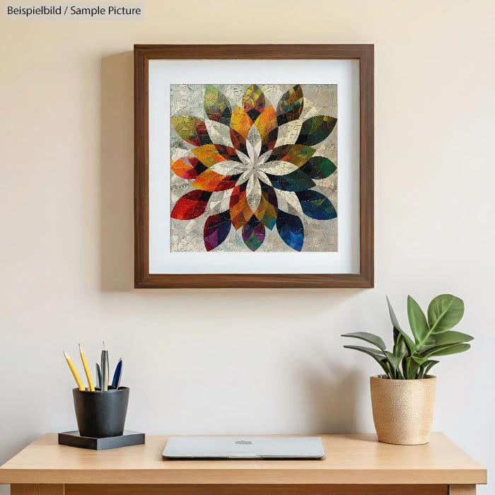 Framed abstract flower artwork in colorful geometric patterns over a desk with a plant and stationery.