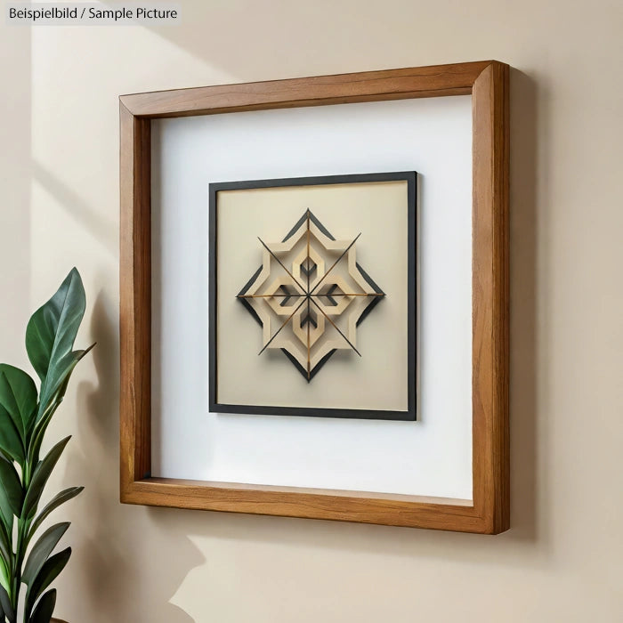 Geometric paper art in wood frame with intricate layered star pattern, set against a beige wall with plant.