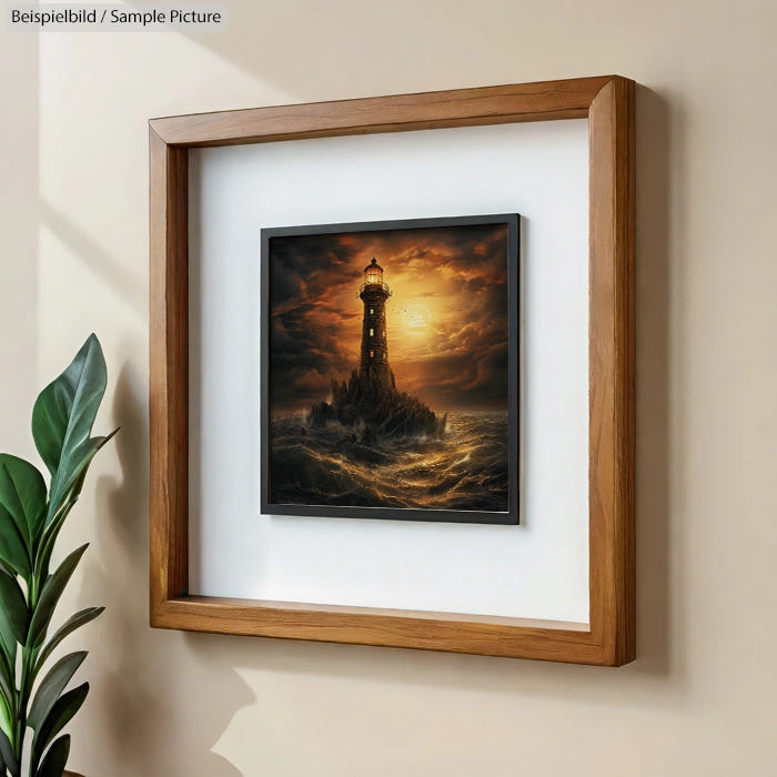 Framed painting of a lighthouse in a stormy sea, surrounded by turbulent waves, under a dramatic orange-lit sky.