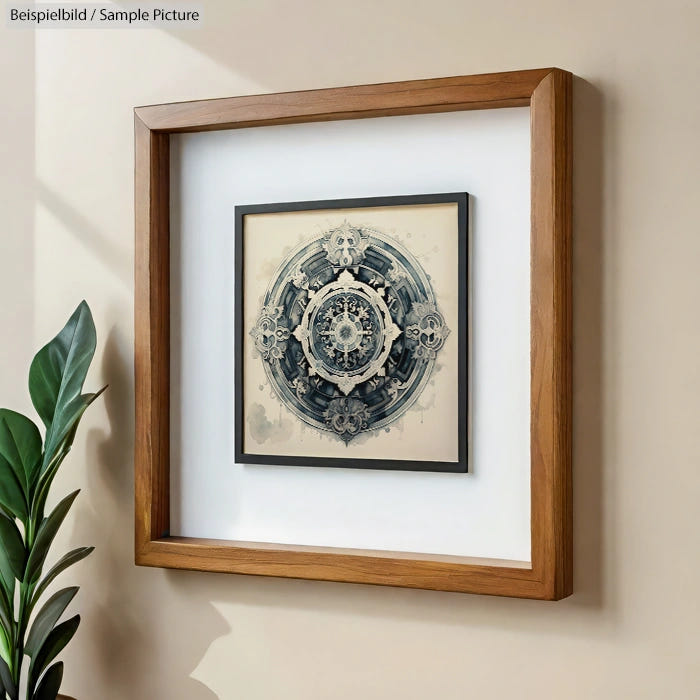 Framed circular abstract design with ornate details displayed on a wall near a green potted plant.