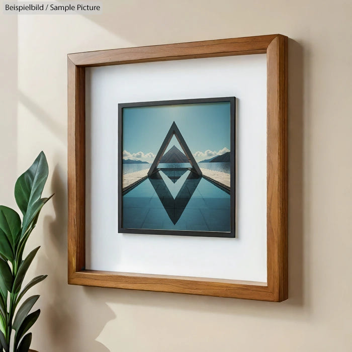 Framed geometric artwork featuring a triangular structure over a reflective surface, with mountains and sky in the background.