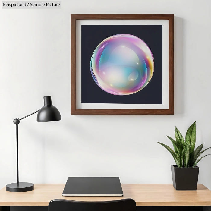 Framed rainbow bubble art above a desk with a plant and lamp against a white wall.