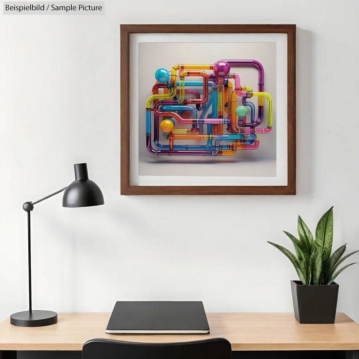 Modern desk with lamp, plant, and framed abstract art featuring colorful tubes and spheres on white wall.