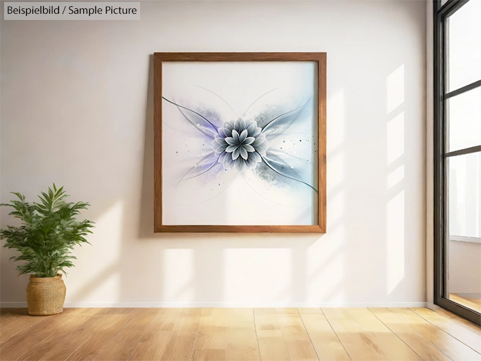 Modern living room with abstract flower art in wooden frame, bright sunlight through large window.