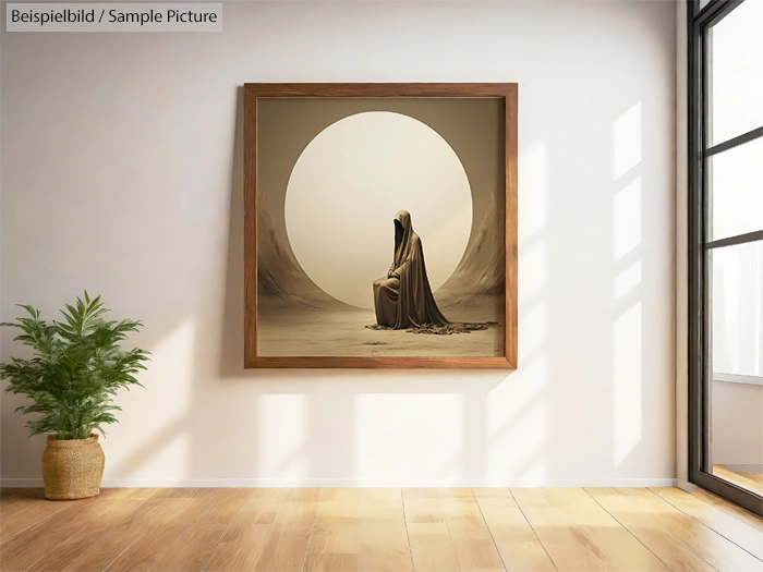 Minimalist room with artwork of a hooded figure inside a circle on the wall, wooden floor, and a potted plant.