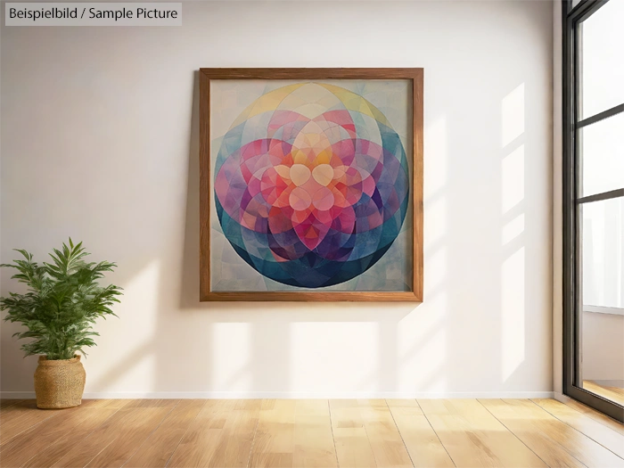 Geometric abstract painting with vibrant overlapping circles in a wooden frame on a bright wall next to a potted plant.