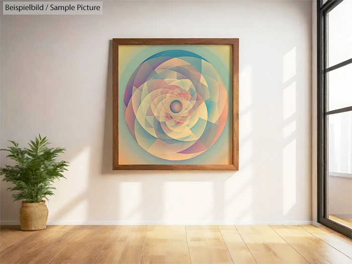 Modern geometric artwork with layered, colorful spiral shapes in a wooden frame, displayed in a bright room.