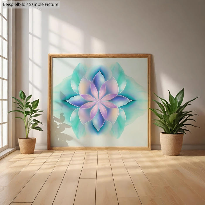 Framed abstract flower painting with pastel colors, flanked by two potted green plants on a wooden floor.