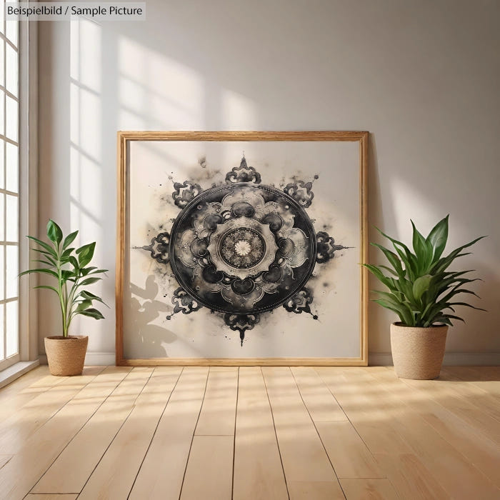 Framed abstract mandala artwork on the floor with potted plants by window, sunlit wooden floor.