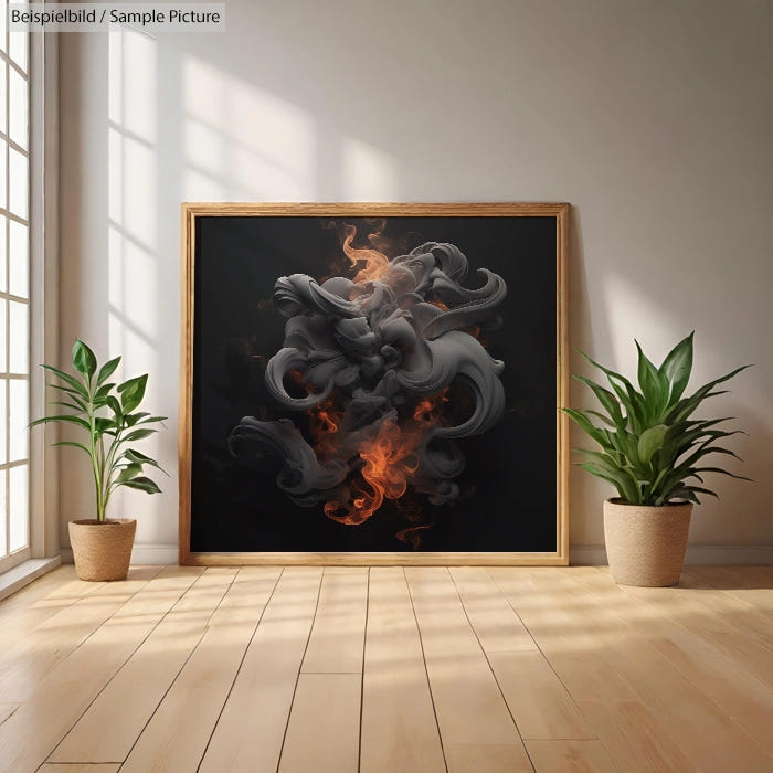 Framed abstract artwork with swirling gray and orange forms, placed on wood floor beside two potted plants.