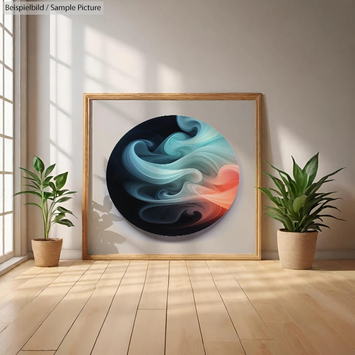 Abstract art with swirling blue, white, and red hues, framed between two potted plants in a sunlit room.