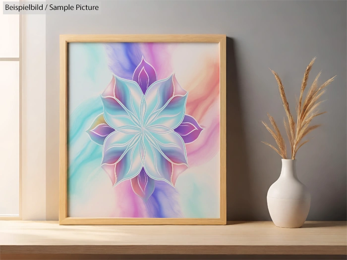 Framed artwork of a pastel floral mandala design on a wall, beside a vase with dried grasses.