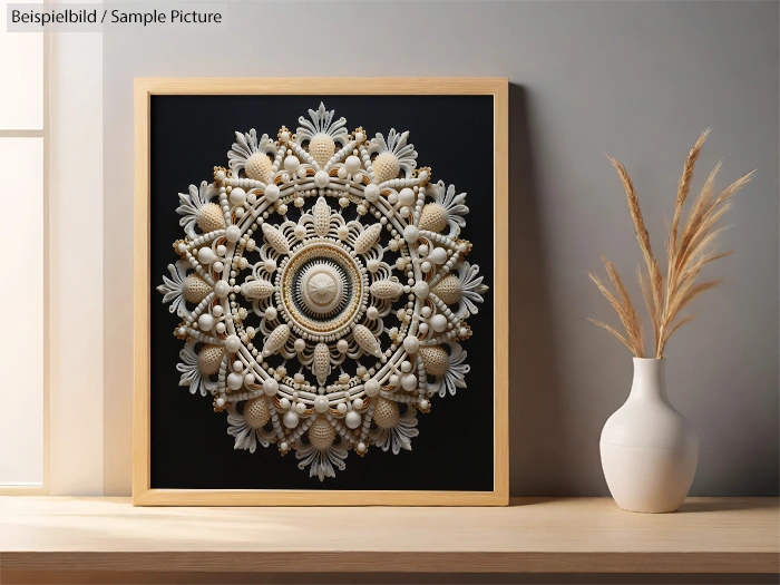 Intricate seashell mandala art in wooden frame, displayed on a shelf with a white vase and wheat stalks.