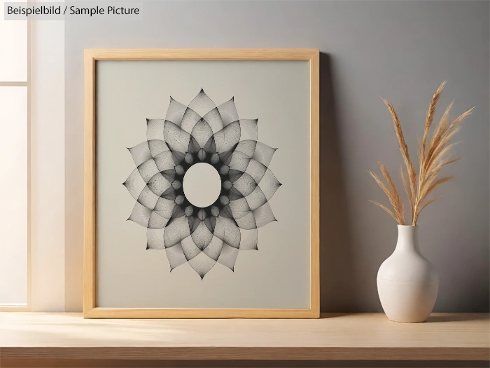 Framed mandala artwork with intricate geometric design, beside a white vase with dried grass on a wooden shelf.