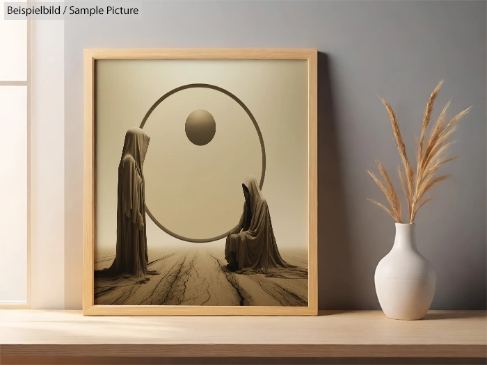 Surreal art with two hooded figures facing each other in front of a large circle with a floating sphere, framed and placed on a shelf next to a vase with dried grass.