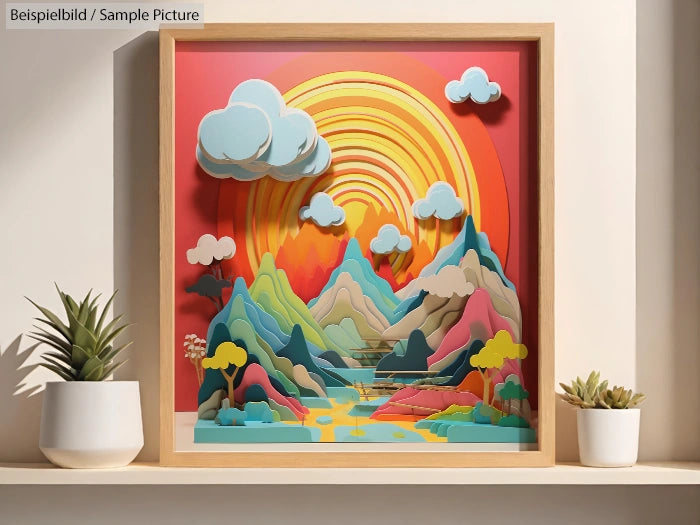 Colorful 3D papercraft artwork depicting a vibrant mountain landscape with a rainbow and clouds, in a wooden frame.